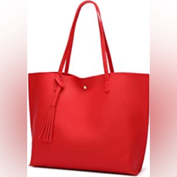 RED SOFT FAUX LEATHER TOTE SHOULDER BAG - Picture 3 of 5